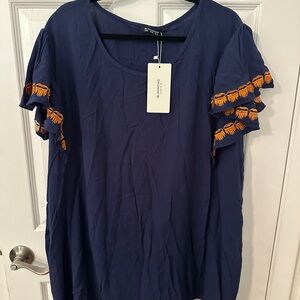 BloomChic Navy Blouse with Orange Details